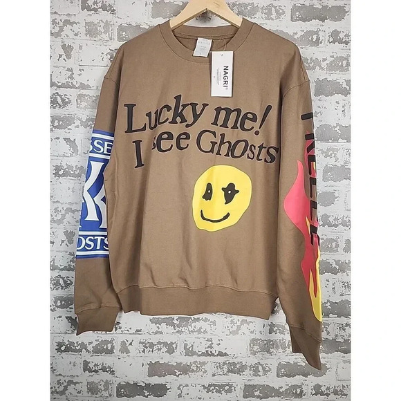 Lucky Me I See Ghosts Camp Flog Gnaw Kanye West Kid Cudi Tan Sweatshirt Size L - Picture 2 of 10